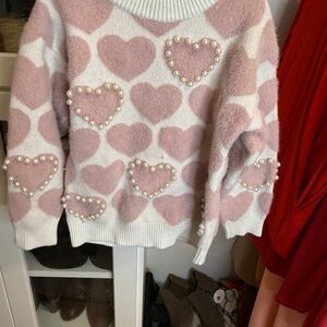 Kids Size 4/5 Pink Heart Pattern Sweater with Pearl Accents